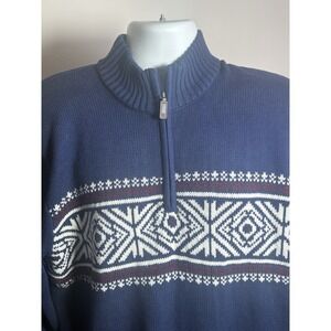 IZOD Sweater Mens XL Navy Blue Fair Isle Nordic Quarter Zip Knit Cotton Blend